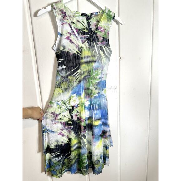 KOMAROV Sleeveless Crinkle Mini Dress S Green Blue Charmeuse Modest Fairy artsy - Picture 12 of 12